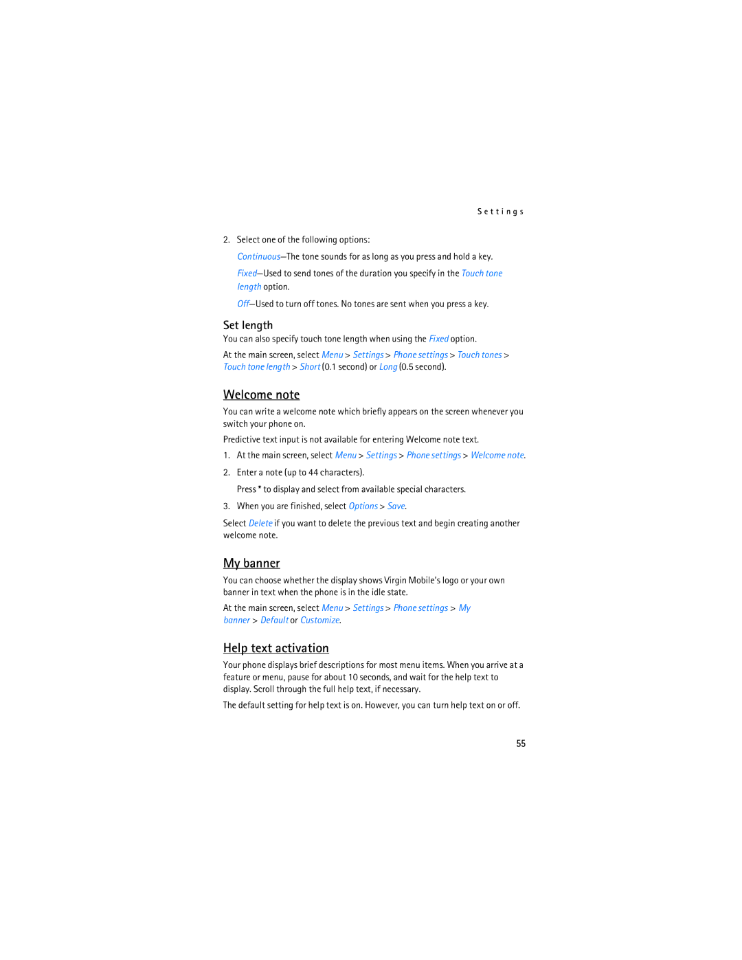 Nokia 2115i manual Welcome note, My banner, Help text activation, Set length 