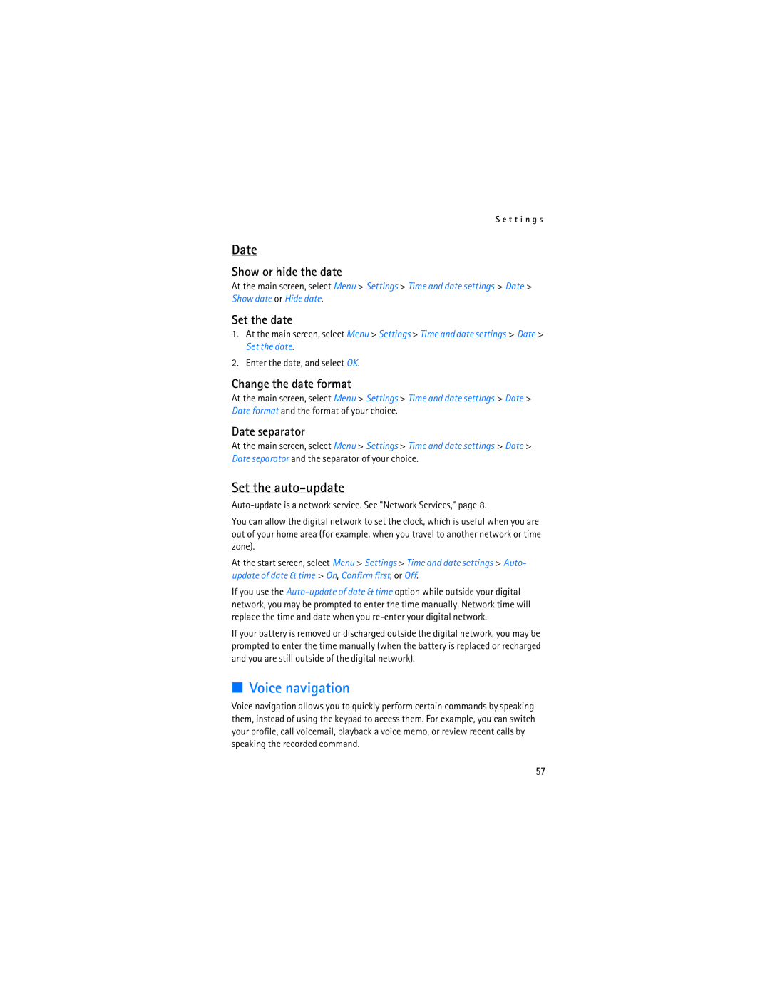 Nokia 2115i manual Voice navigation, Date, Set the auto-update 