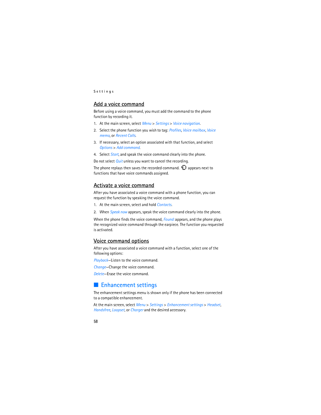Nokia 2115i manual Enhancement settings, Add a voice command, Activate a voice command, Voice command options 