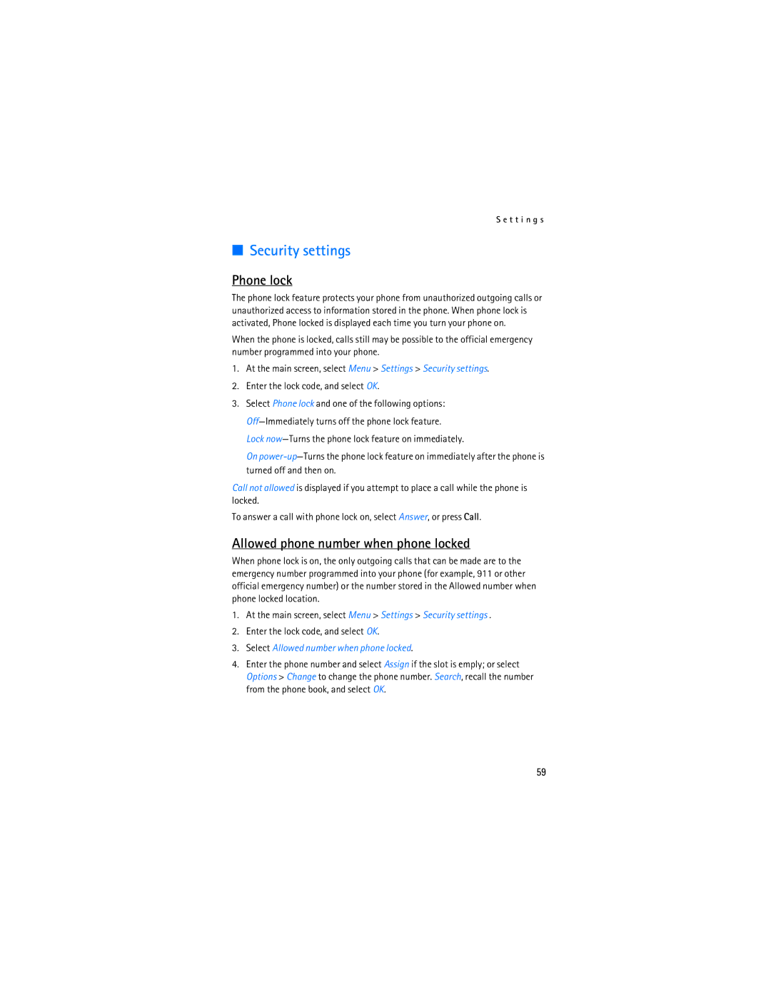 Nokia 2115i manual Security settings, Phone lock, Allowed phone number when phone locked 