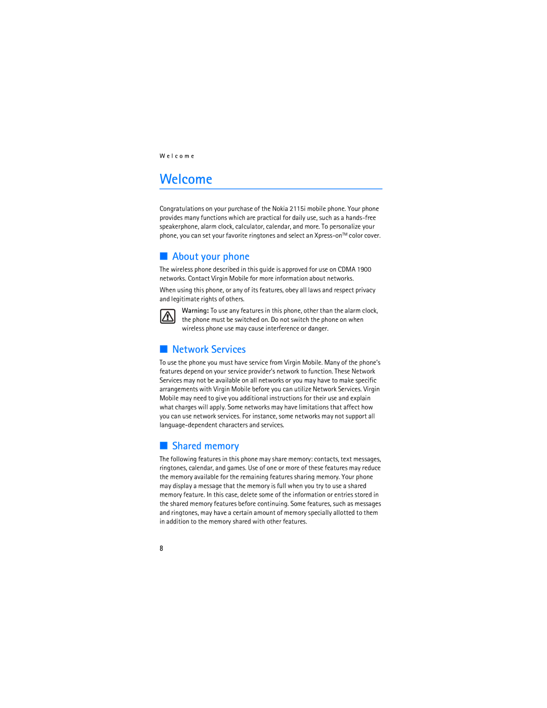 Nokia 2115i manual Welcome, About your phone, Network Services, Shared memory 