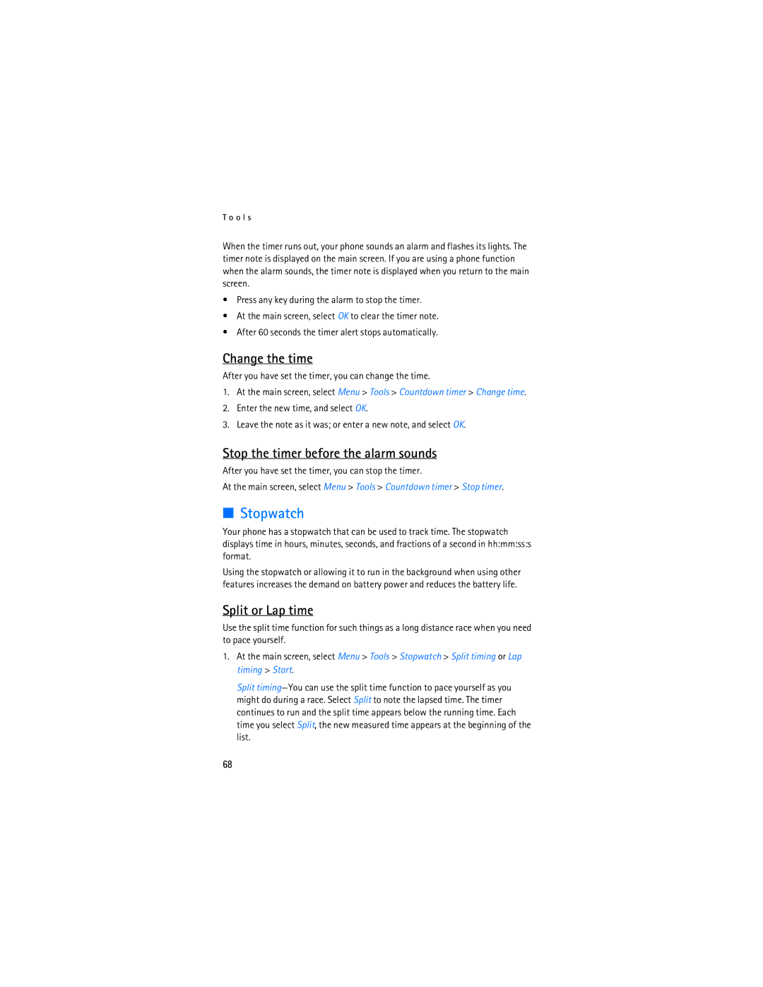 Nokia 2115i manual Stopwatch, Change the time, Stop the timer before the alarm sounds, Split or Lap time 