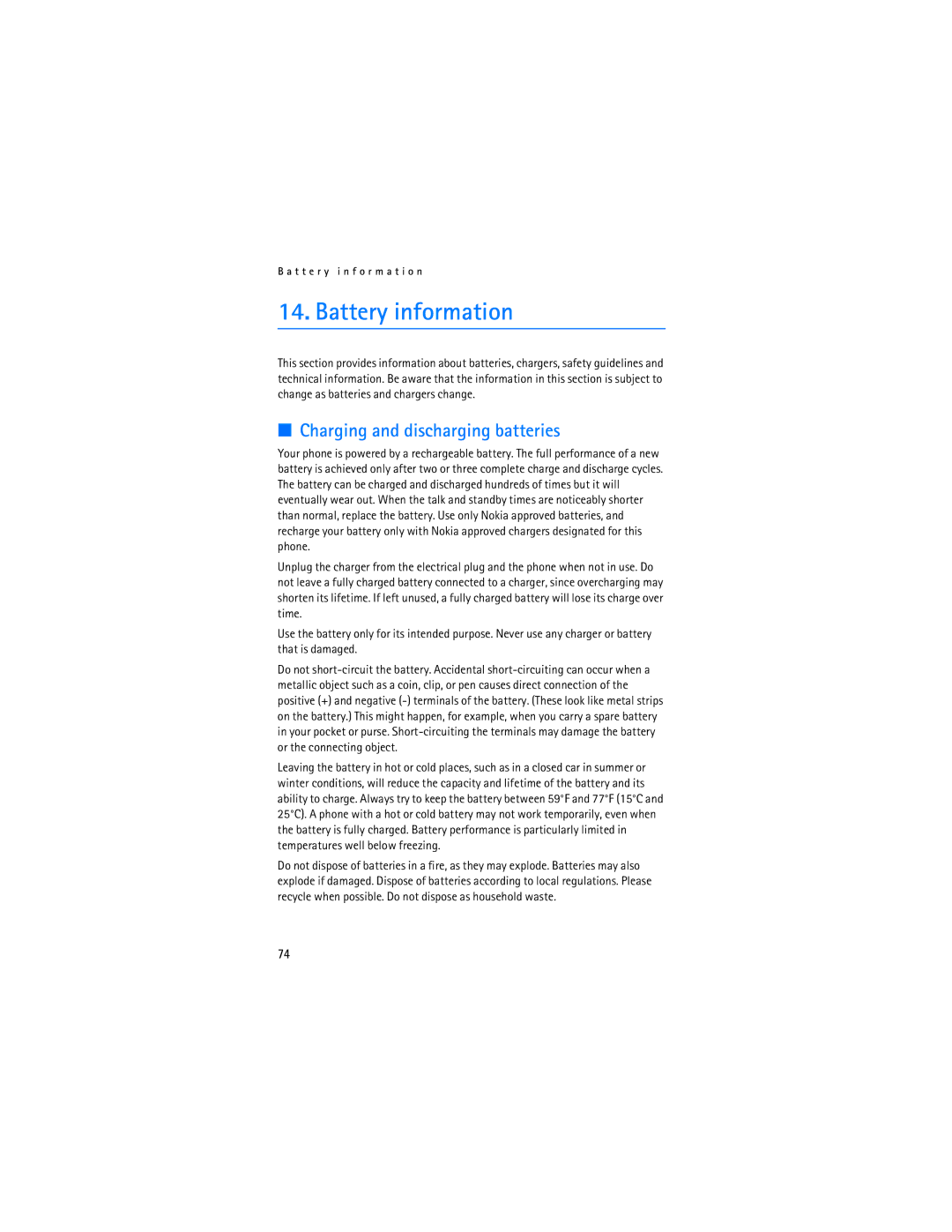 Nokia 2115i manual Battery information, Charging and discharging batteries 