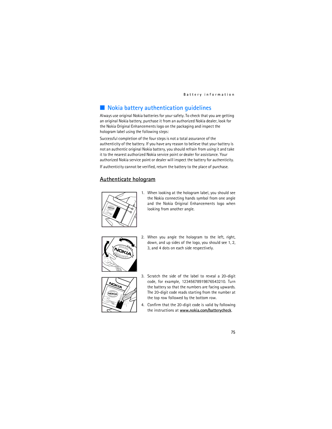 Nokia 2115i manual Nokia battery authentication guidelines, Authenticate hologram 