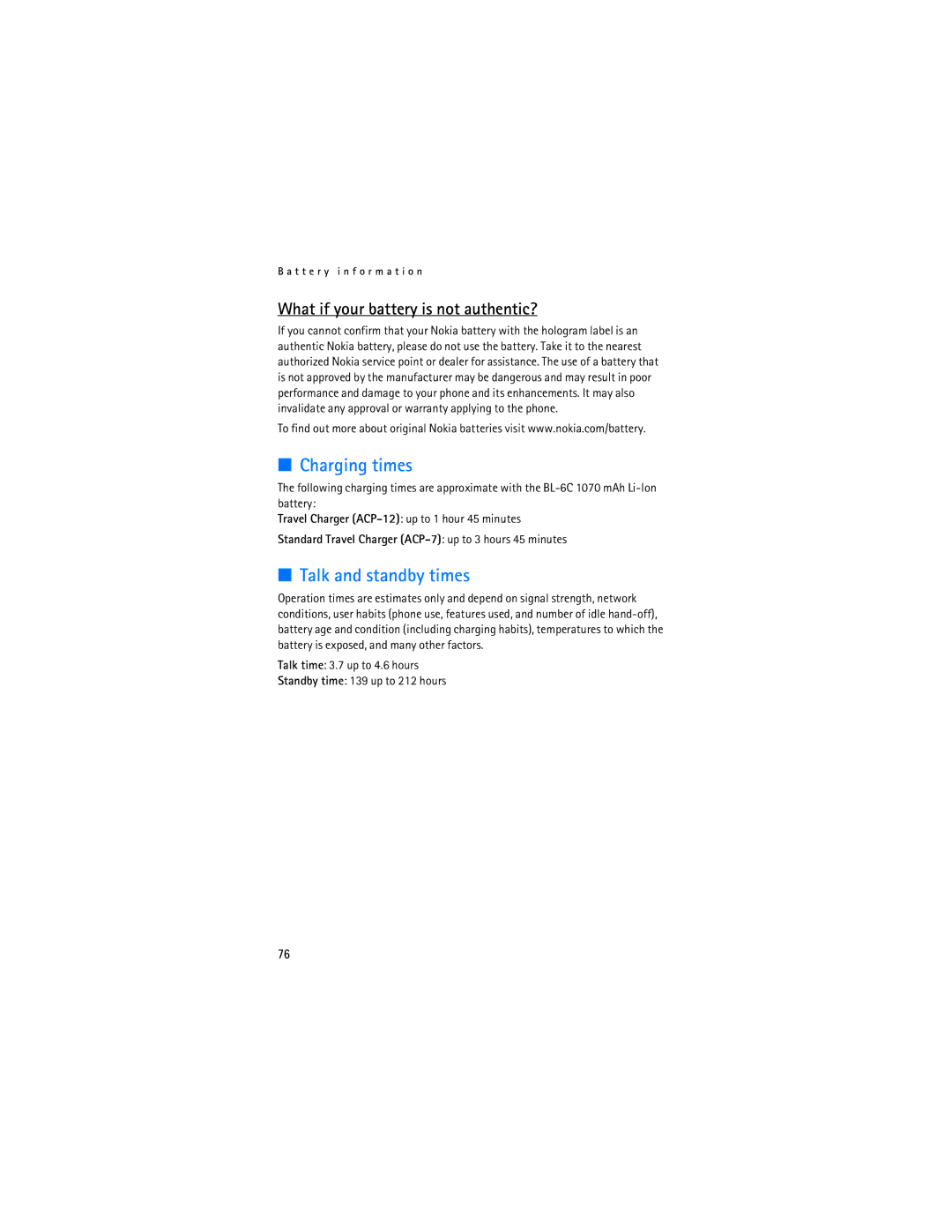 Nokia 2115i manual Charging times, Talk and standby times, What if your battery is not authentic? 