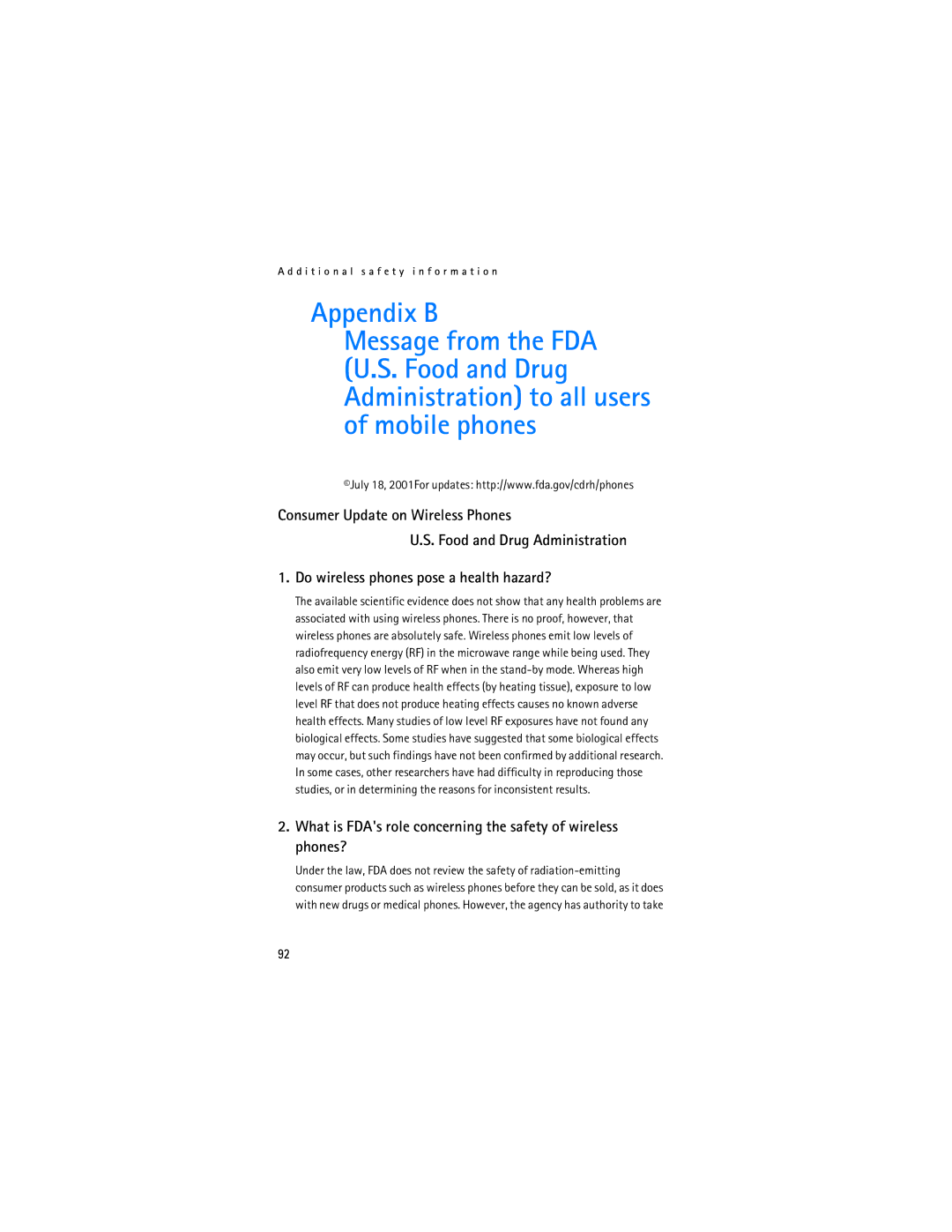 Nokia 2115i manual Appendix B, What is FDAs role concerning the safety of wireless phones? 