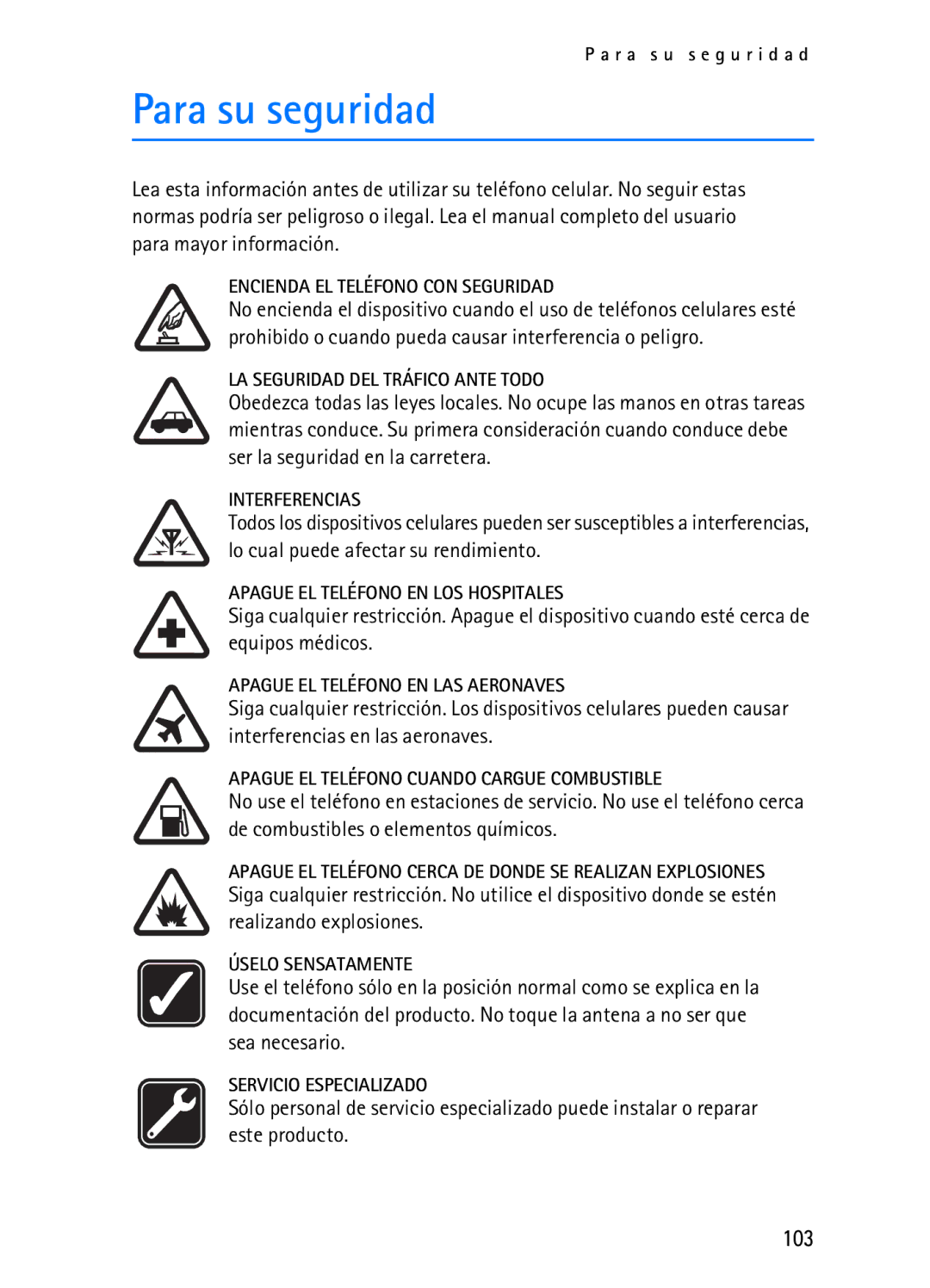 Nokia 2116i manual Para su seguridad, 103 