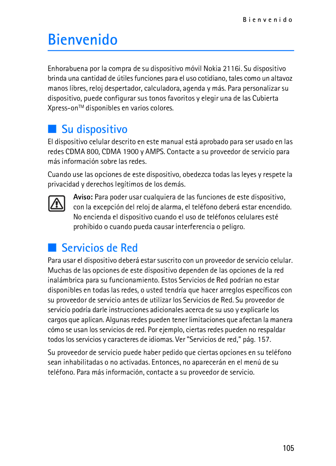 Nokia 2116i manual Bienvenido, Su dispositivo, Servicios de Red, 105 