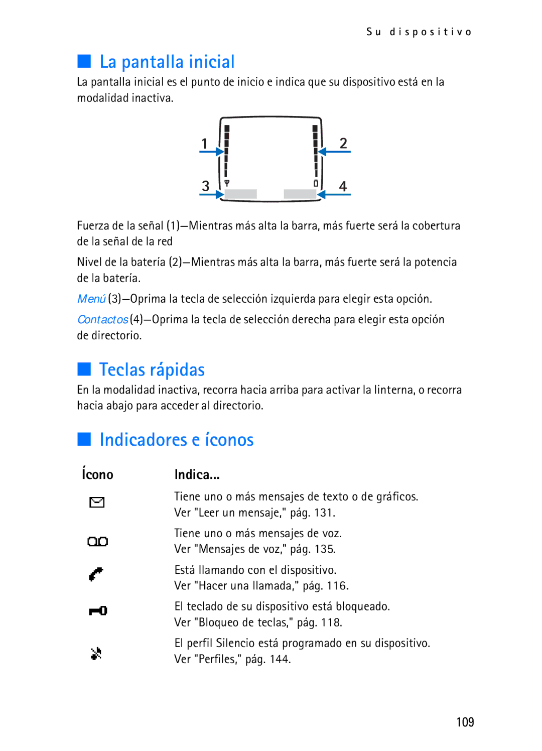 Nokia 2116i manual La pantalla inicial, Teclas rápidas, Indicadores e íconos, Ícono Indica, 109 