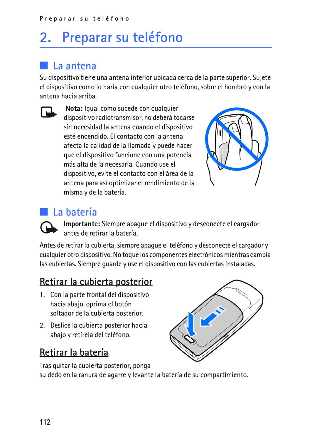 Nokia 2116i manual Preparar su teléfono, La antena, La batería, Retirar la cubierta posterior, Retirar la batería 