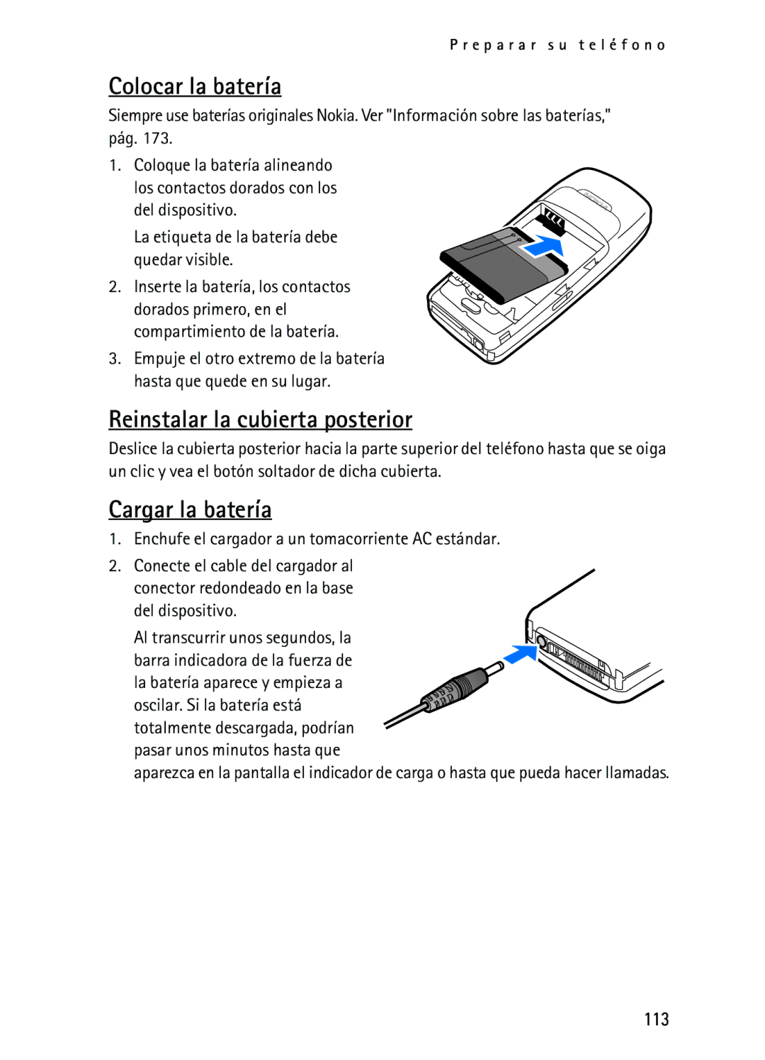 Nokia 2116i manual Colocar la batería, Reinstalar la cubierta posterior, Cargar la batería, 113 