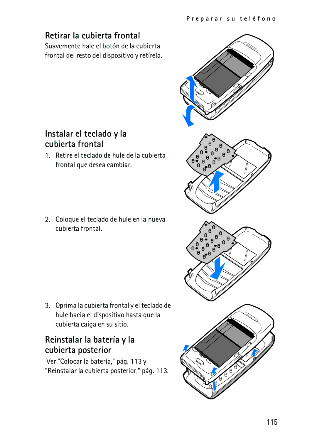 Nokia 2116i manual Retirar la cubierta frontal, Instalar el teclado y la cubierta frontal, 115 