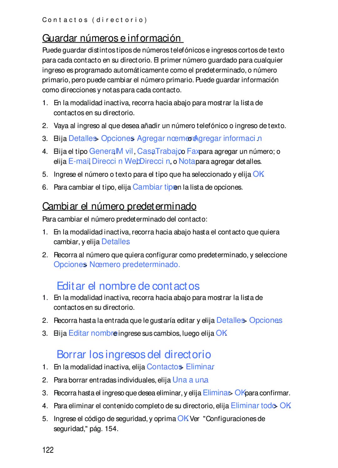 Nokia 2116i manual Editar el nombre de contactos, Borrar los ingresos del directorio, Guardar números e información, 122 