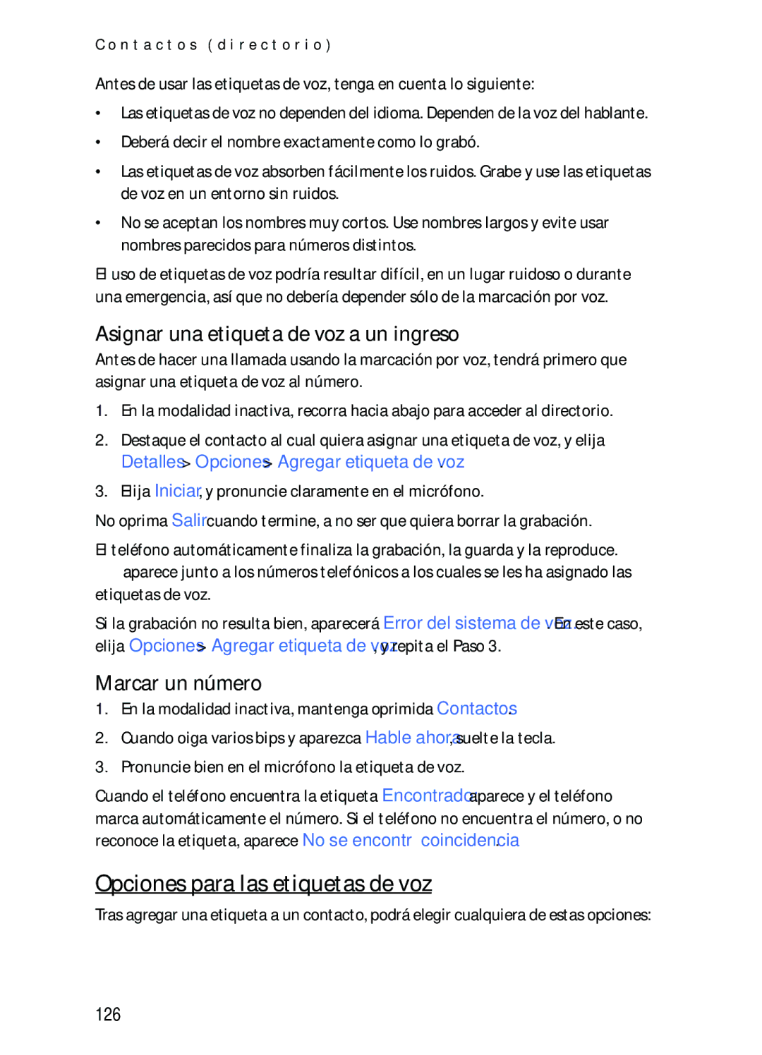 Nokia 2116i manual Opciones para las etiquetas de voz, Asignar una etiqueta de voz a un ingreso, Marcar un número, 126 