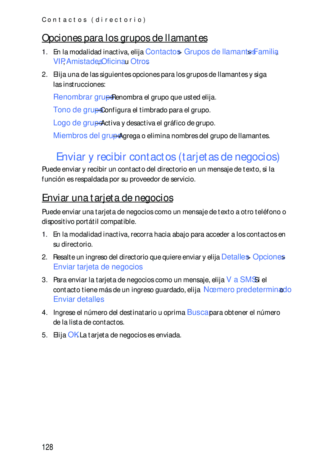 Nokia 2116i manual Enviar y recibir contactos tarjetas de negocios, Opciones para los grupos de llamantes, 128 