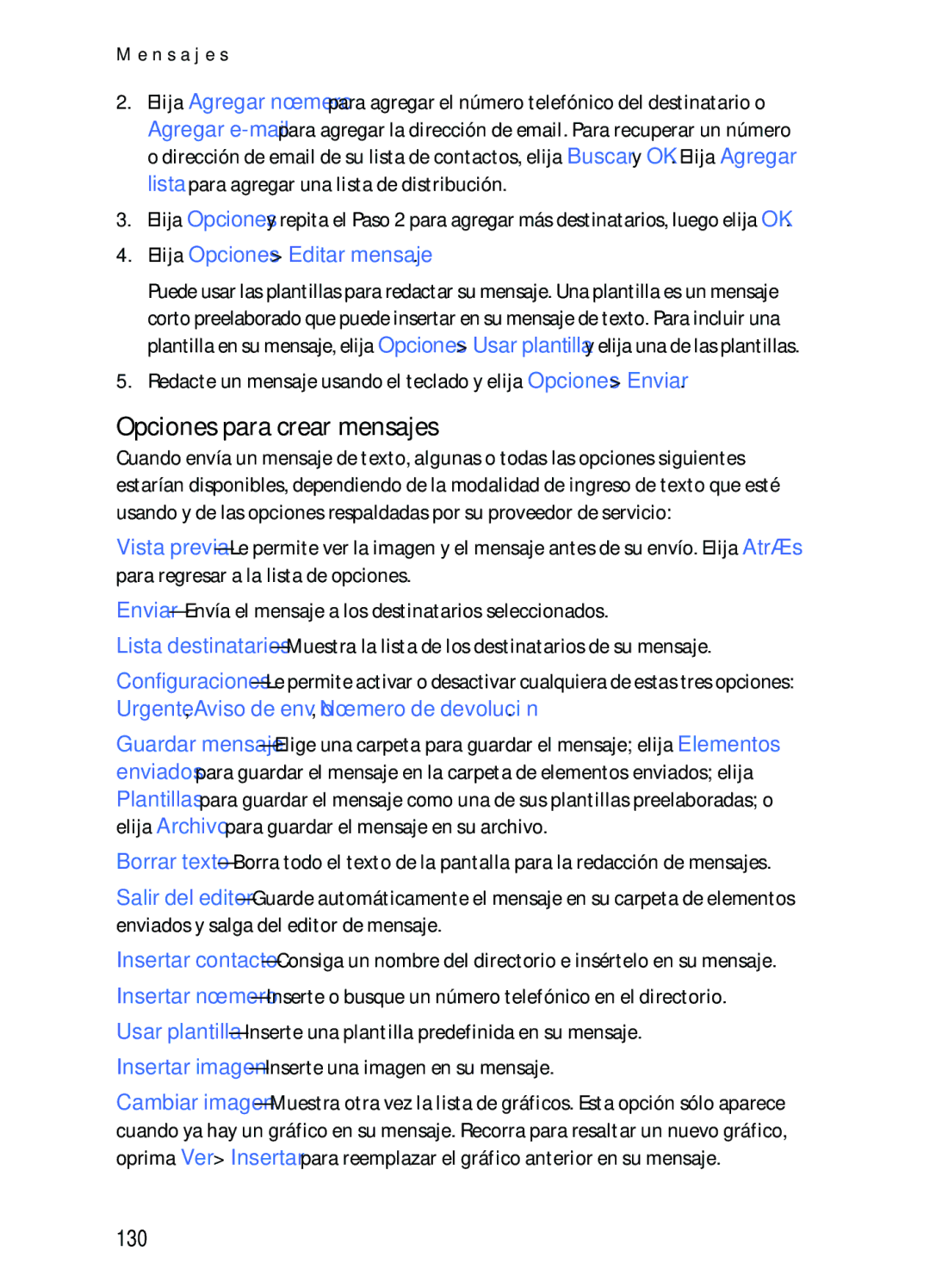 Nokia 2116i manual Opciones para crear mensajes, 130, Elija Opciones Editar mensaje 