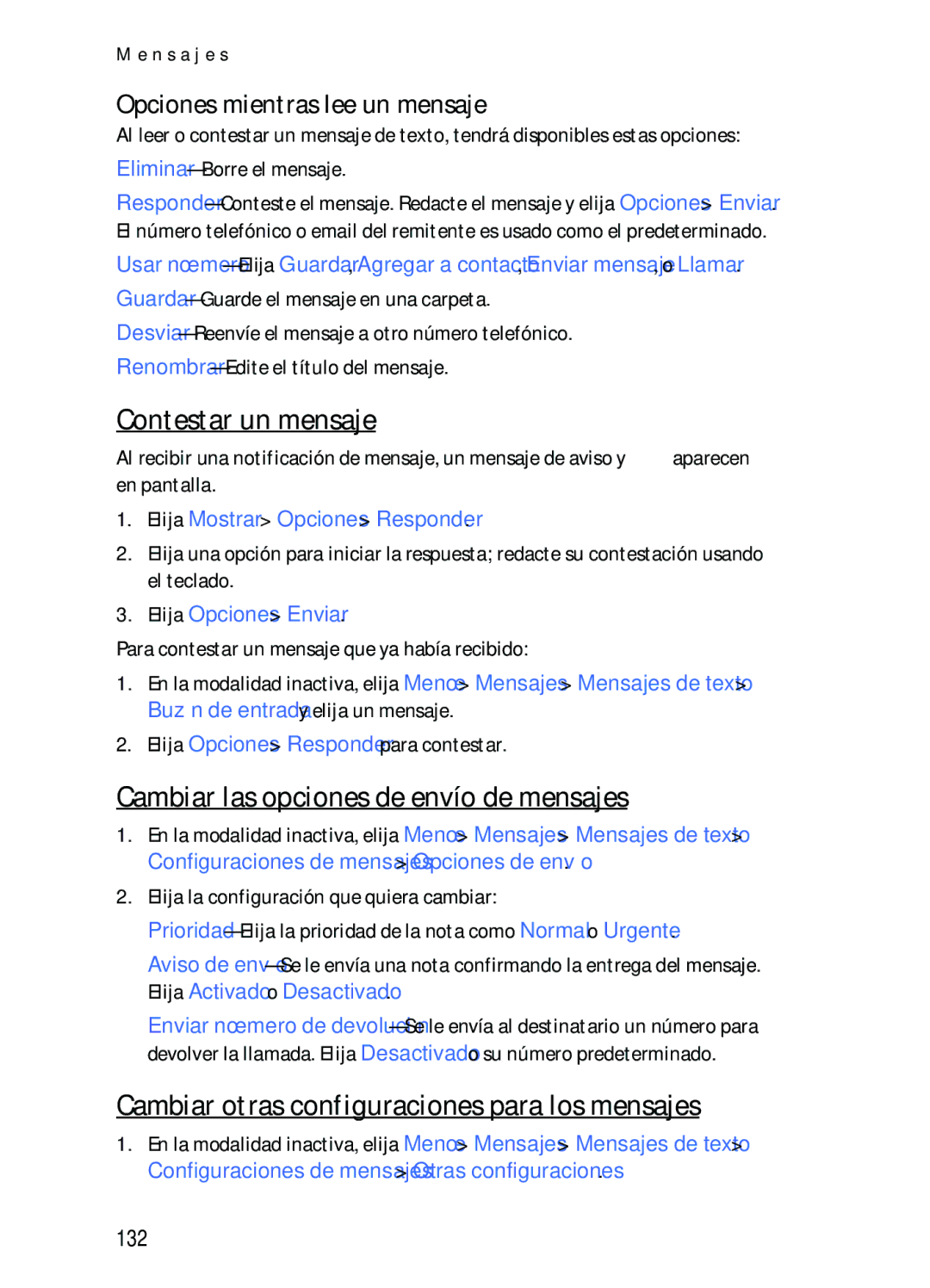 Nokia 2116i manual Contestar un mensaje, Cambiar las opciones de envío de mensajes, Opciones mientras lee un mensaje, 132 