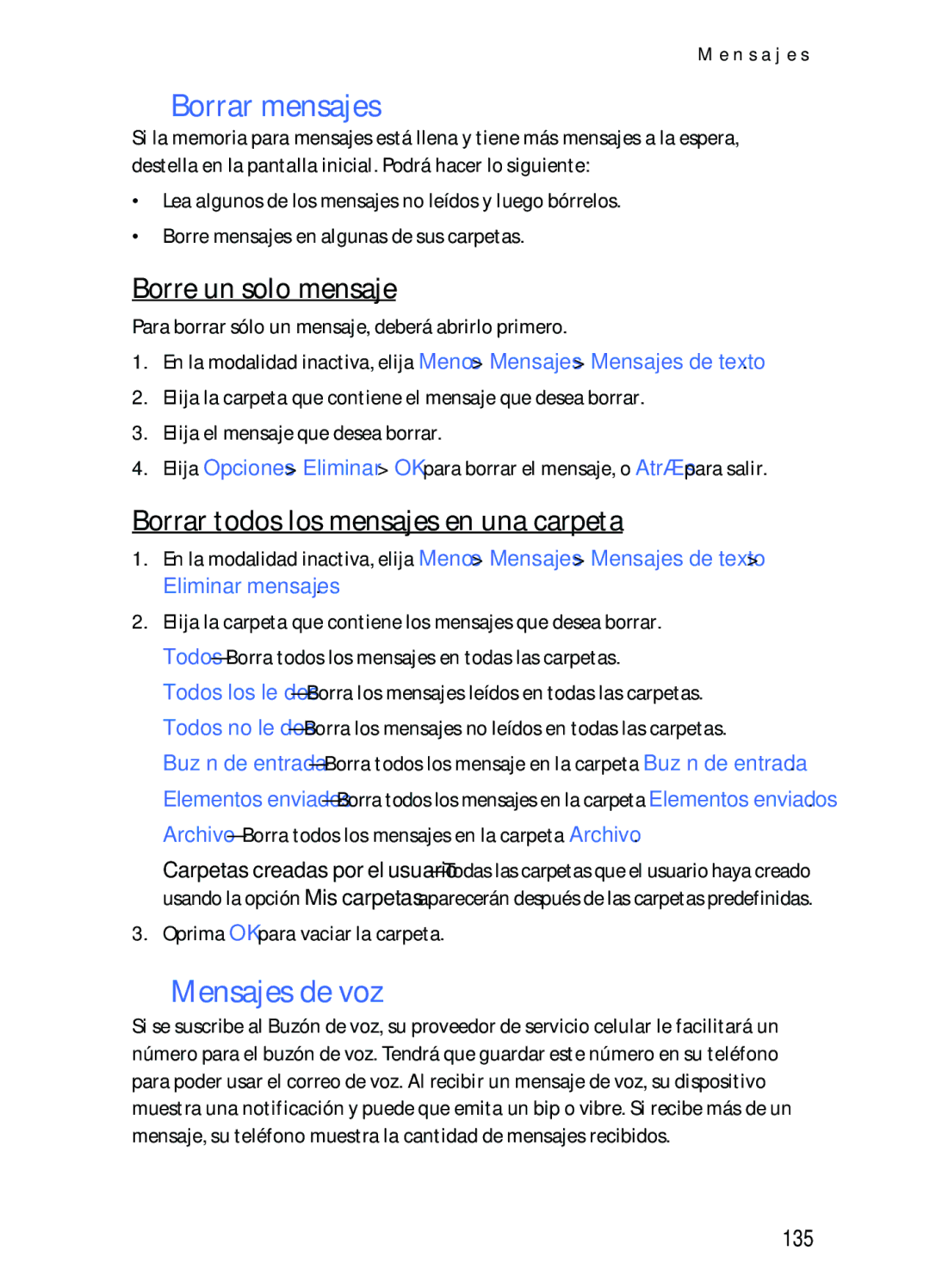 Nokia 2116i manual Borrar mensajes, Mensajes de voz, Borre un solo mensaje, Borrar todos los mensajes en una carpeta, 135 