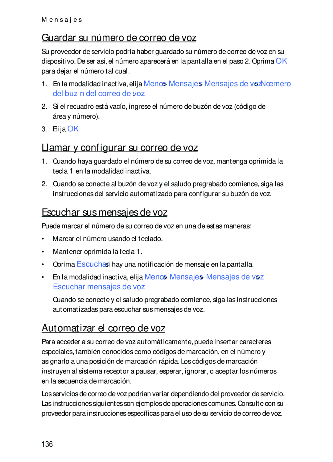 Nokia 2116i Guardar su número de correo de voz, Llamar y configurar su correo de voz, Escuchar sus mensajes de voz, 136 