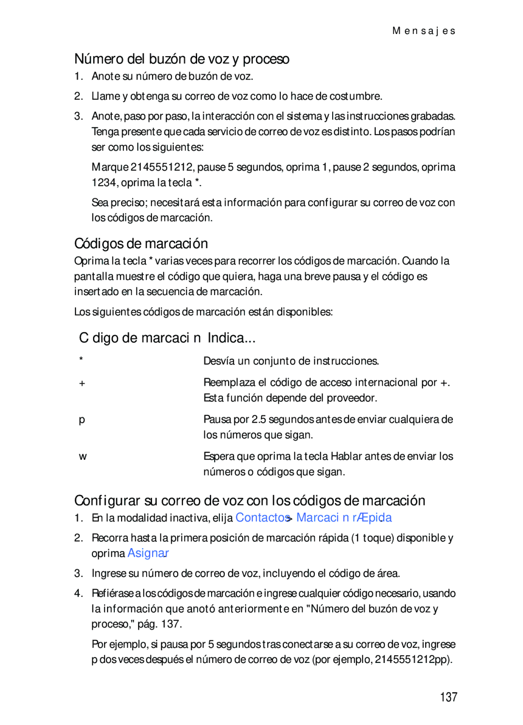 Nokia 2116i manual Número del buzón de voz y proceso, Códigos de marcación, Código de marcación Indica, 137 