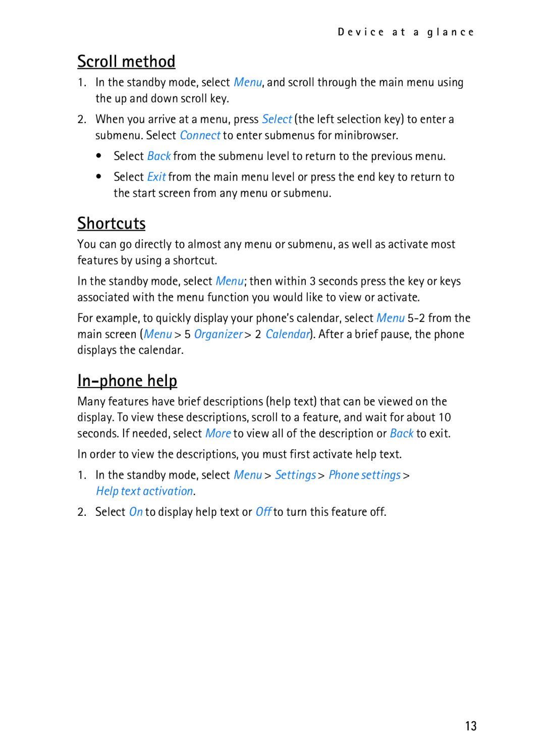 Nokia 2116i manual Scroll method, Shortcuts, In-phone help 