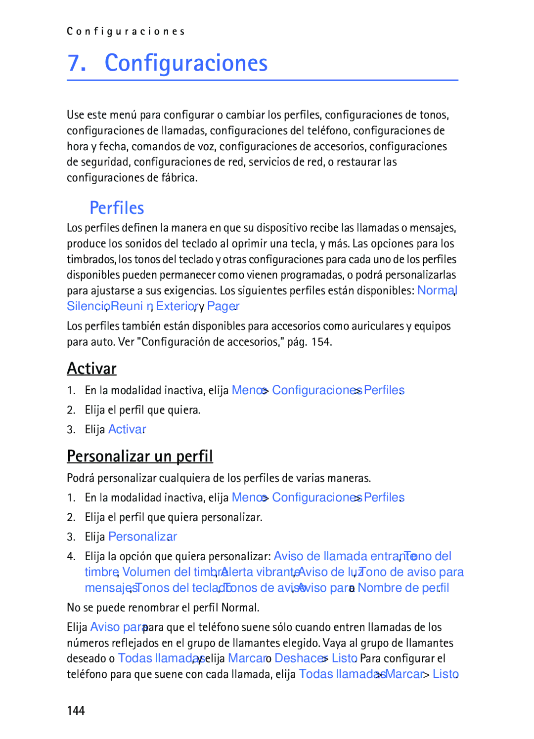 Nokia 2116i manual Configuraciones, Perfiles, Activar, Personalizar un perfil, 144 