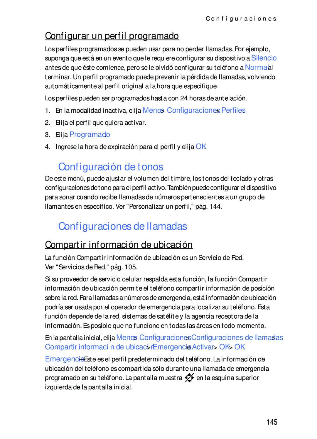 Nokia 2116i manual Configuración de tonos, Configuraciones de llamadas, Configurar un perfil programado, 145 