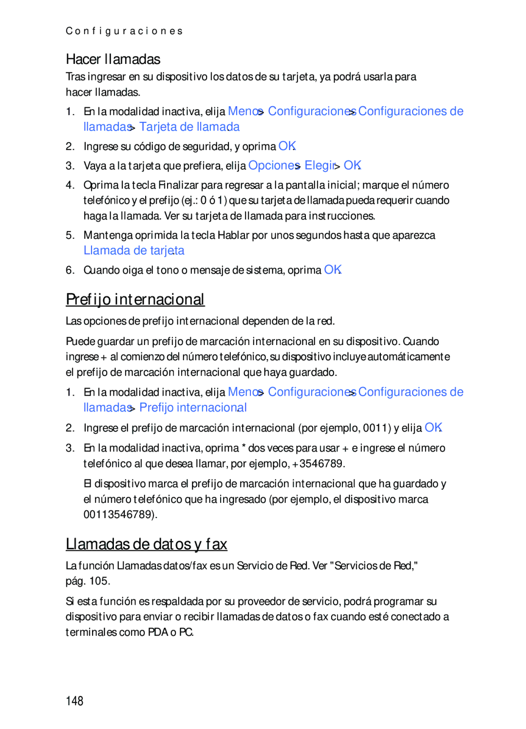Nokia 2116i manual Prefijo internacional, Llamadas de datos y fax, Hacer llamadas, 148 