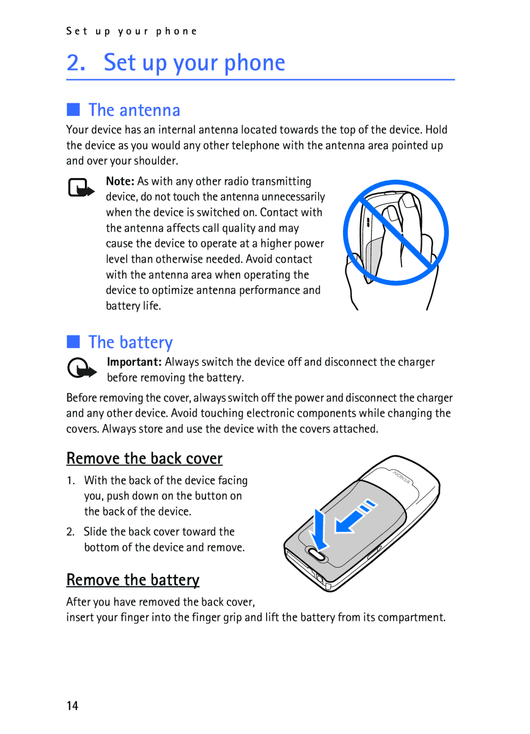 Nokia 2116i manual Set up your phone, Antenna, Battery, Remove the back cover, Remove the battery 