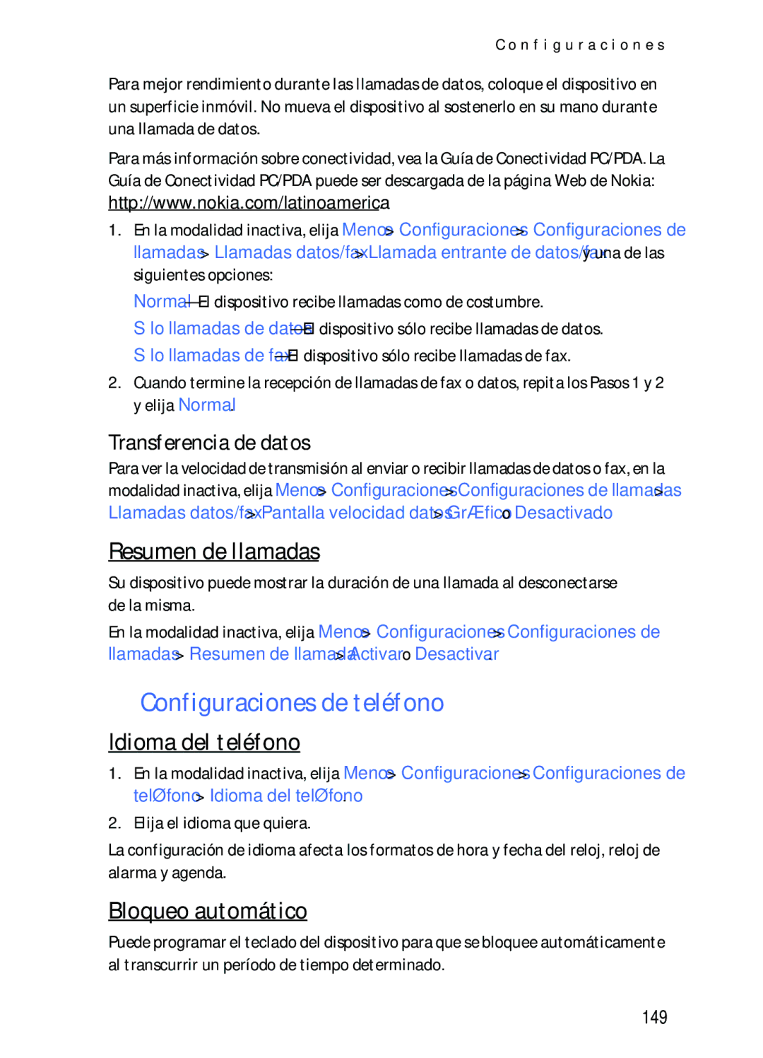 Nokia 2116i manual Configuraciones de teléfono, Resumen de llamadas, Idioma del teléfono, Bloqueo automático 