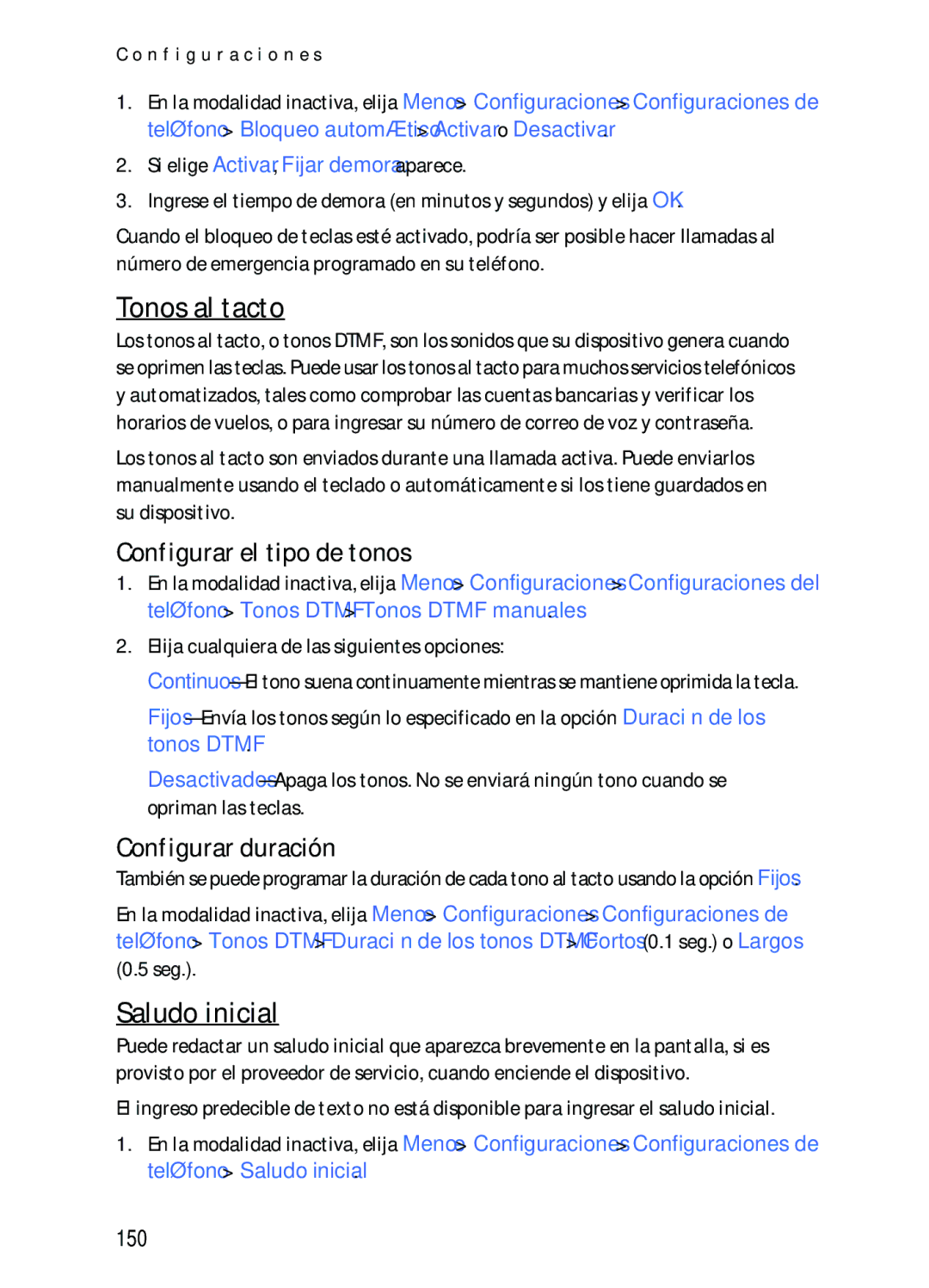 Nokia 2116i manual Tonos al tacto, Saludo inicial, Configurar el tipo de tonos, Configurar duración, 150 