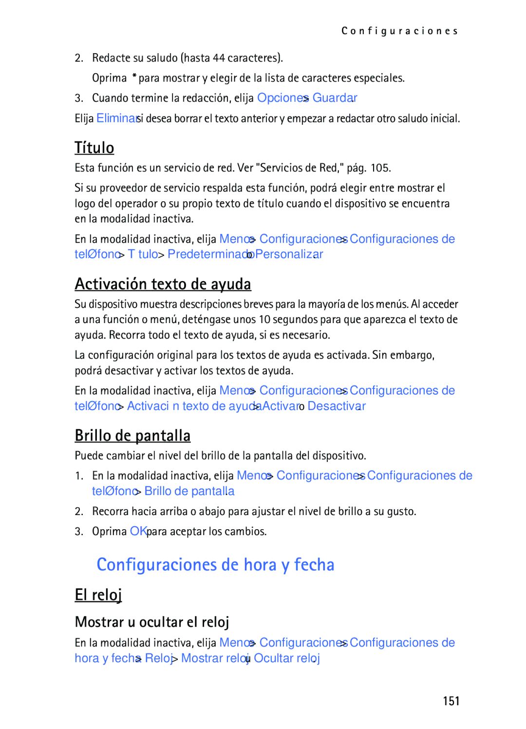 Nokia 2116i manual Configuraciones de hora y fecha, Título, Activación texto de ayuda, Brillo de pantalla, El reloj 