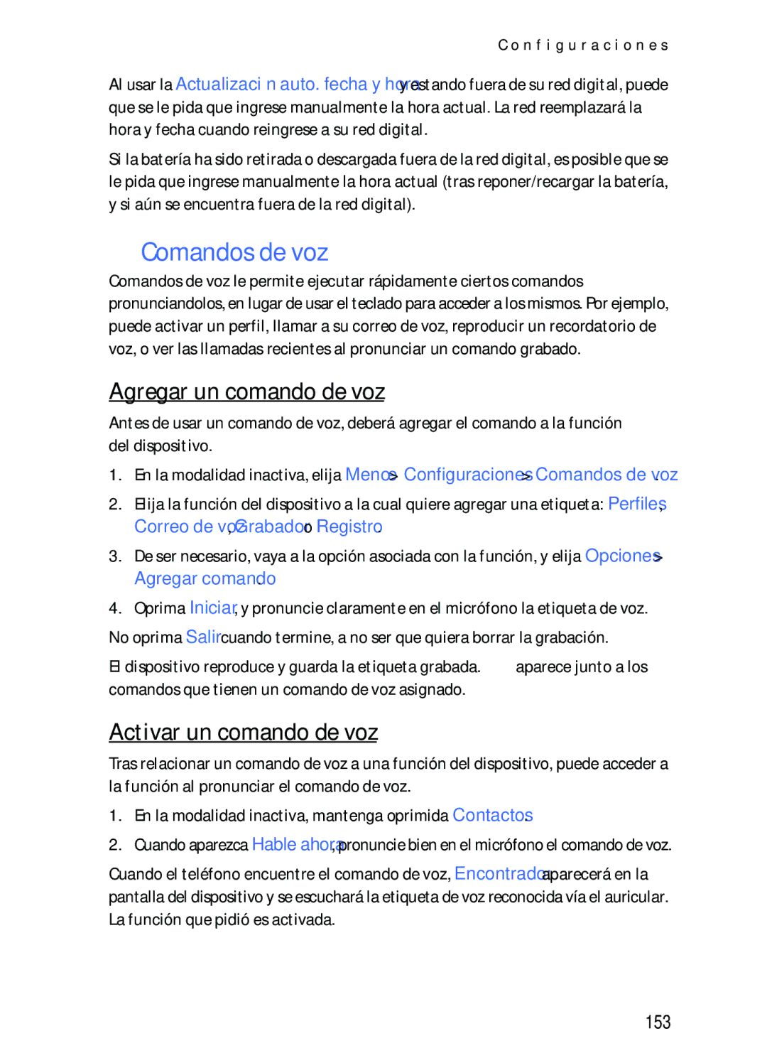 Nokia 2116i manual Comandos de voz, Agregar un comando de voz, Activar un comando de voz, 153 