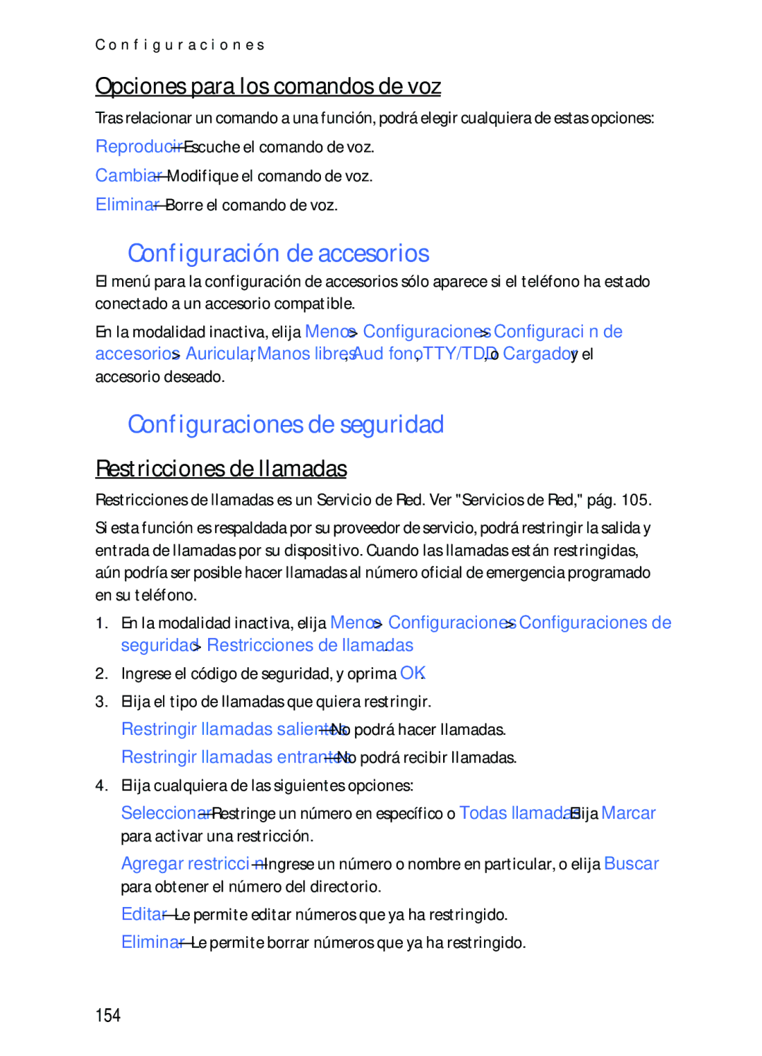 Nokia 2116i manual Configuración de accesorios, Configuraciones de seguridad, Opciones para los comandos de voz, 154 