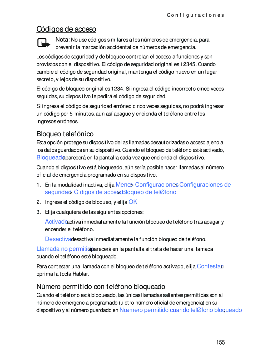 Nokia 2116i manual Códigos de acceso, Bloqueo telefónico, Número permitido con teléfono bloqueado, 155 