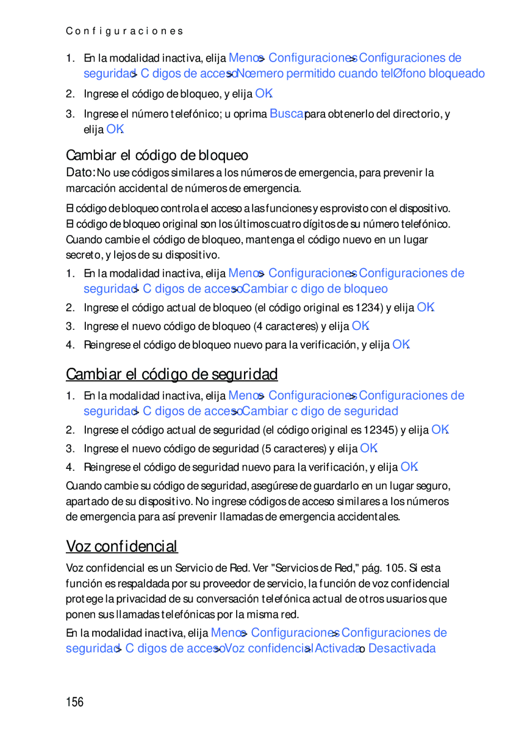 Nokia 2116i manual Cambiar el código de seguridad, Voz confidencial, Cambiar el código de bloqueo, 156 