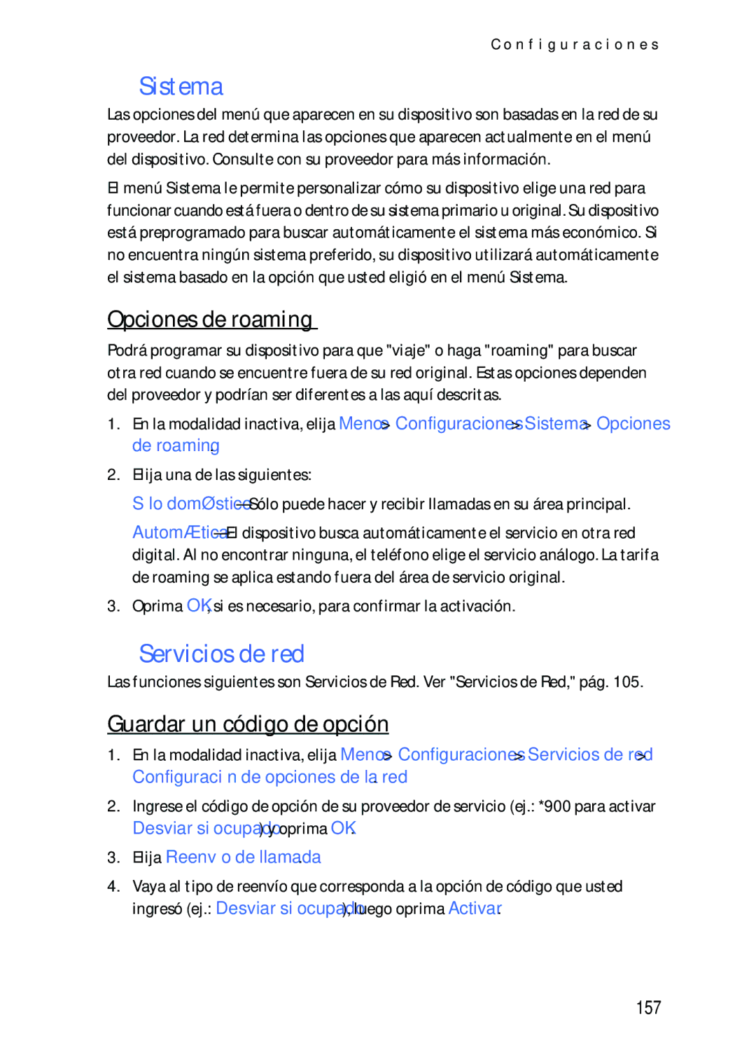 Nokia 2116i manual Sistema, Opciones de roaming, Guardar un código de opción, 157, Elija Reenvío de llamada 