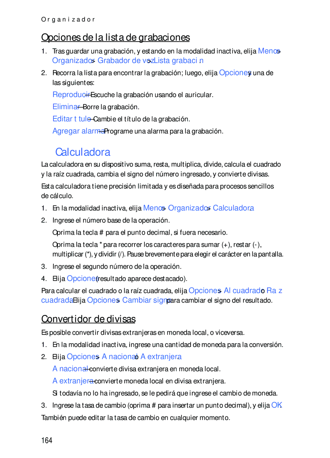 Nokia 2116i manual Calculadora, Opciones de la lista de grabaciones, Convertidor de divisas, 164 