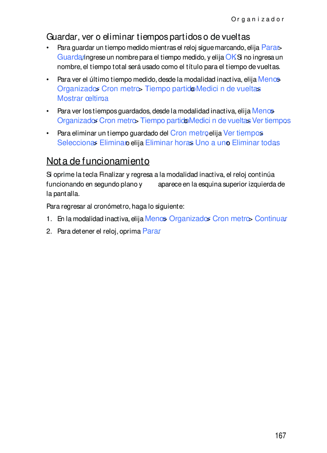 Nokia 2116i manual Nota de funcionamiento, Guardar, ver o eliminar tiempos partidos o de vueltas, 167 