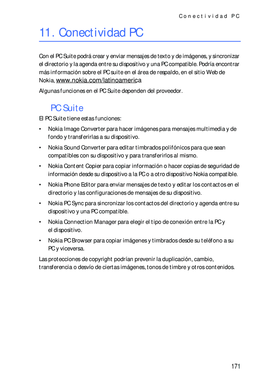 Nokia 2116i manual Conectividad PC, 171, Algunas funciones en el PC Suite dependen del proveedor 