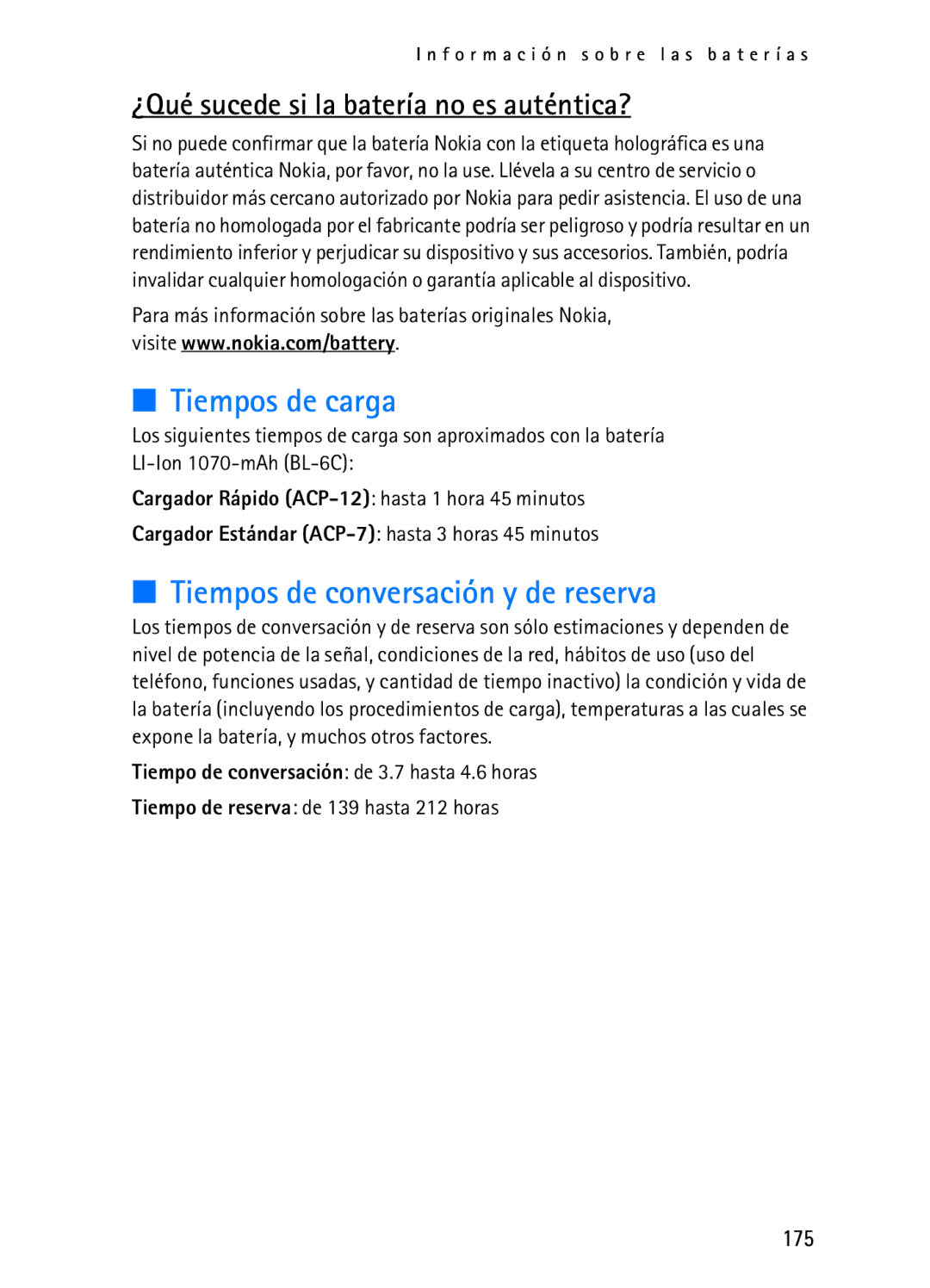 Nokia 2116i manual Tiempos de carga, Tiempos de conversación y de reserva, ¿Qué sucede si la batería no es auténtica?, 175 