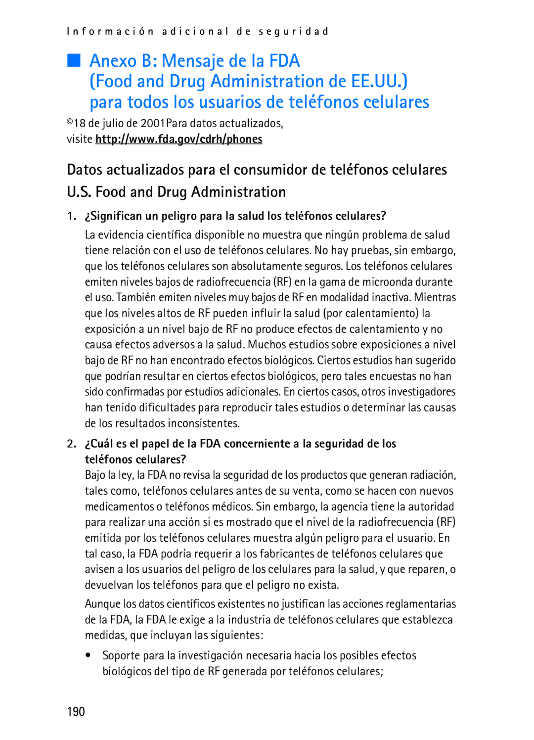 Nokia 2116i manual 190, De julio de 2001Para datos actualizados 