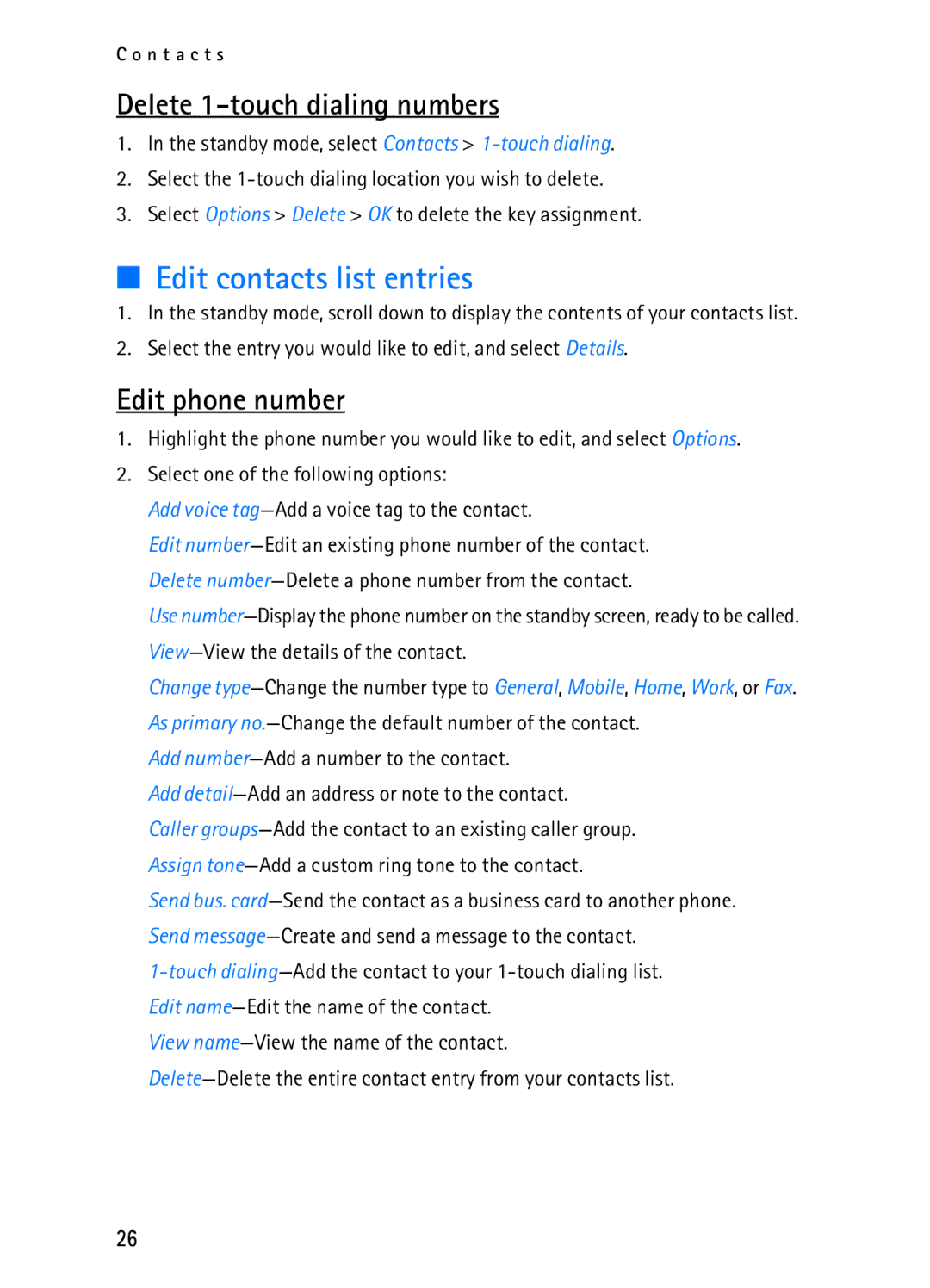 Nokia 2116i manual Edit contacts list entries, Delete 1-touch dialing numbers, Edit phone number 