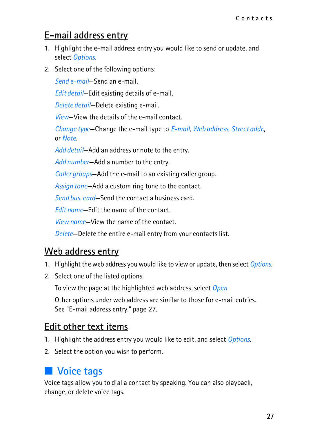 Nokia 2116i manual Voice tags, Mail address entry, Web address entry, Edit other text items 