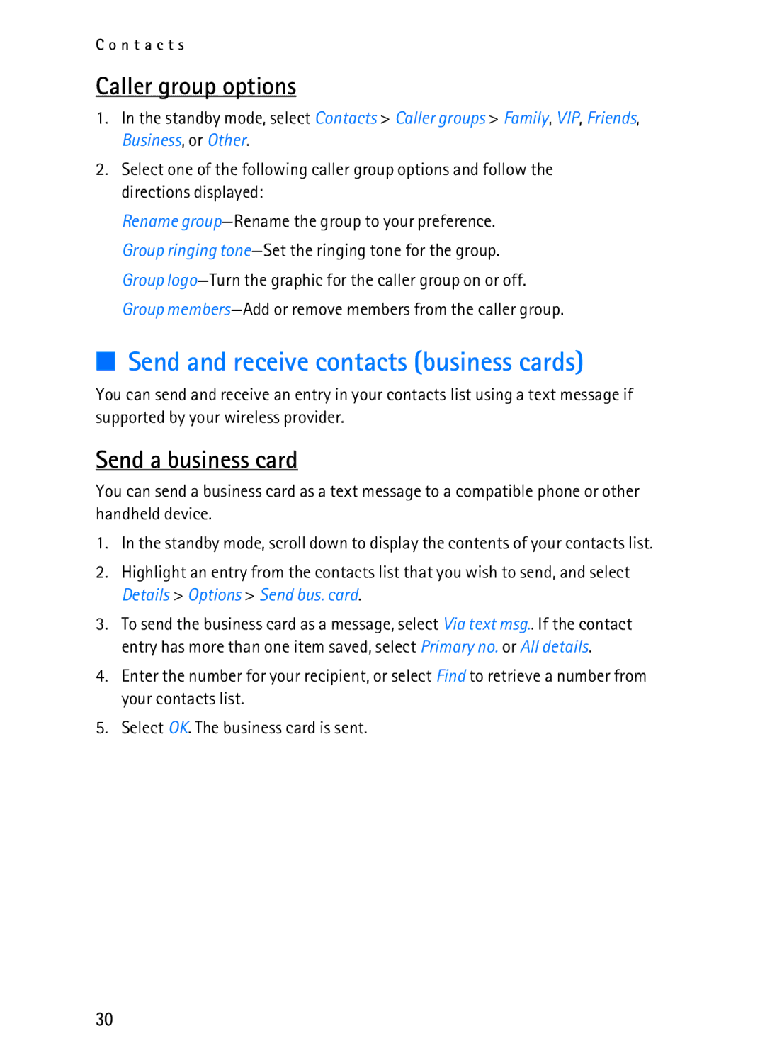 Nokia 2116i manual Send and receive contacts business cards, Caller group options, Send a business card 