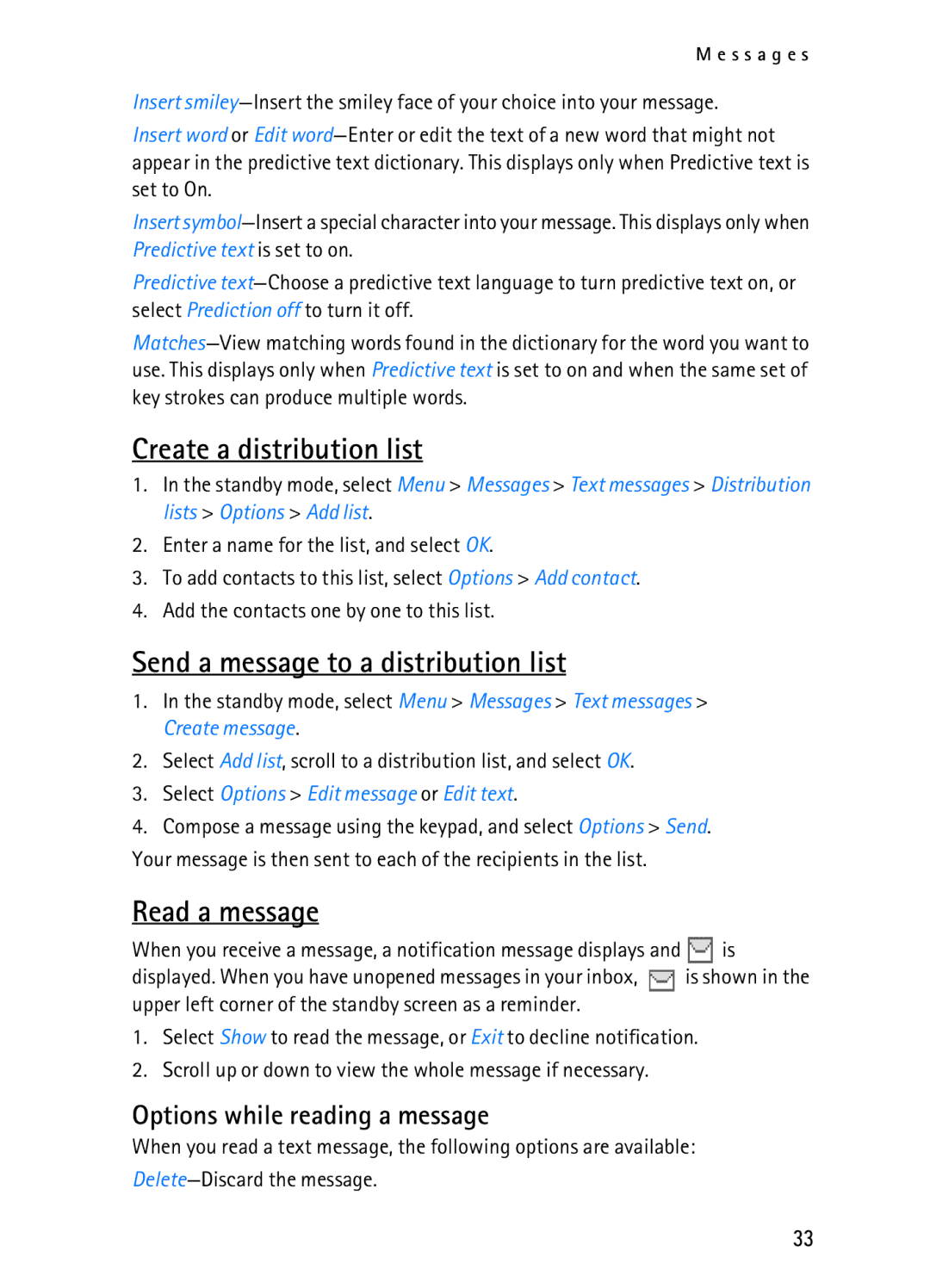 Nokia 2116i manual Create a distribution list, Send a message to a distribution list, Read a message 