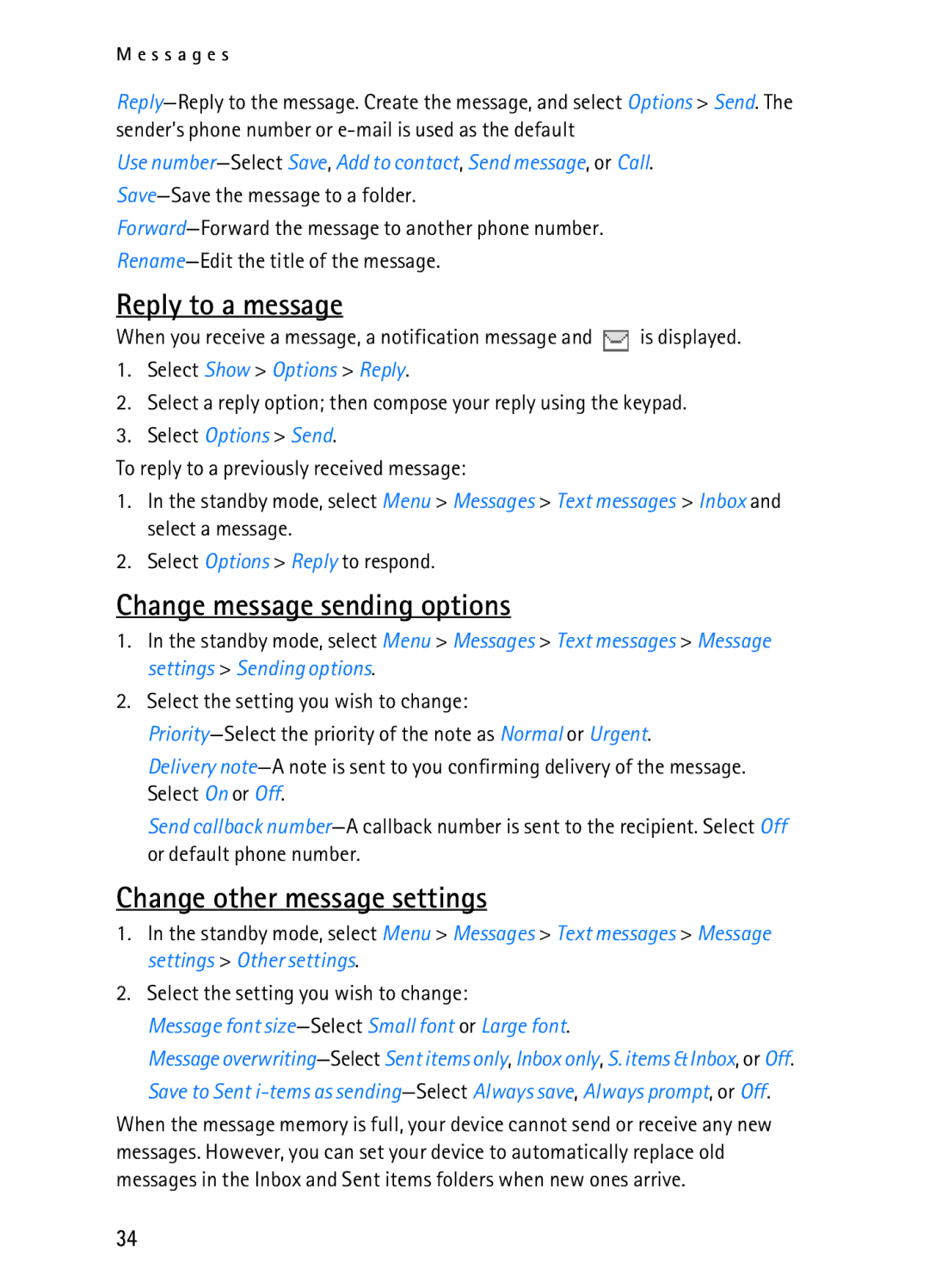 Nokia 2116i manual Reply to a message, Change message sending options, Change other message settings 