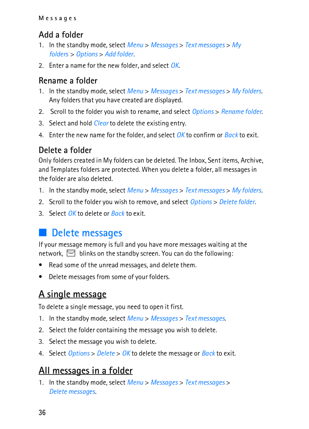 Nokia 2116i manual Delete messages, Single message, All messages in a folder 