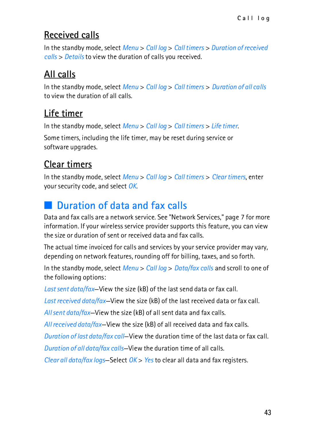 Nokia 2116i manual Duration of data and fax calls, Received calls, All calls, Life timer, Clear timers 