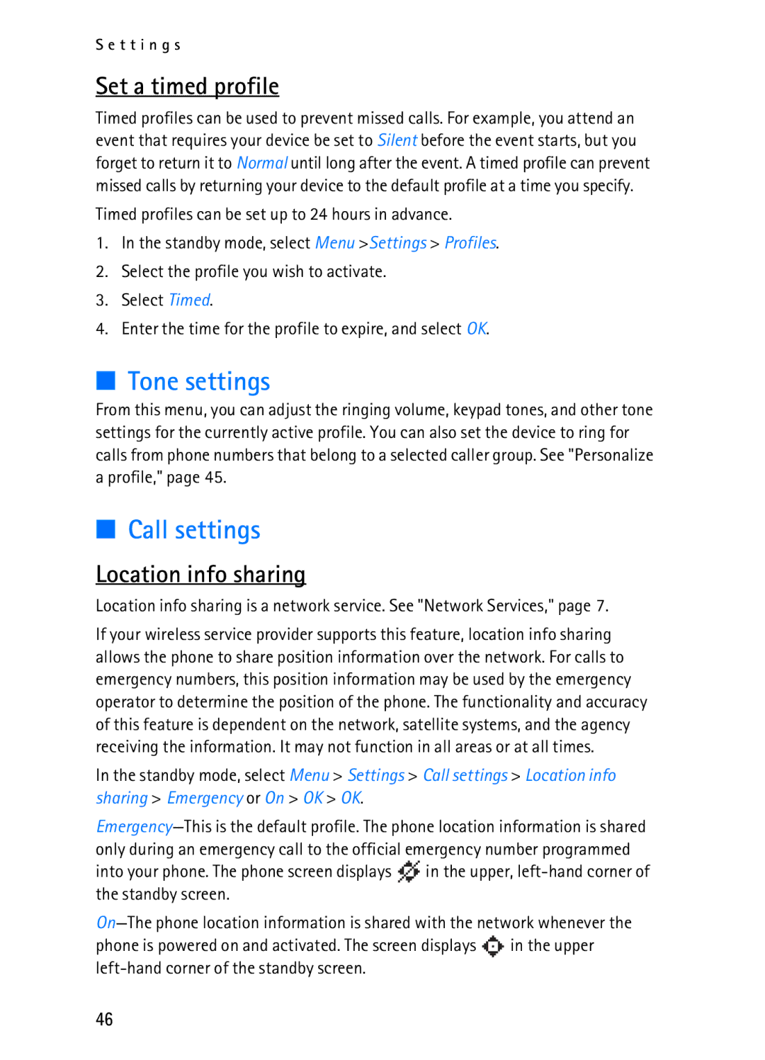 Nokia 2116i manual Tone settings, Call settings, Set a timed profile, Location info sharing 